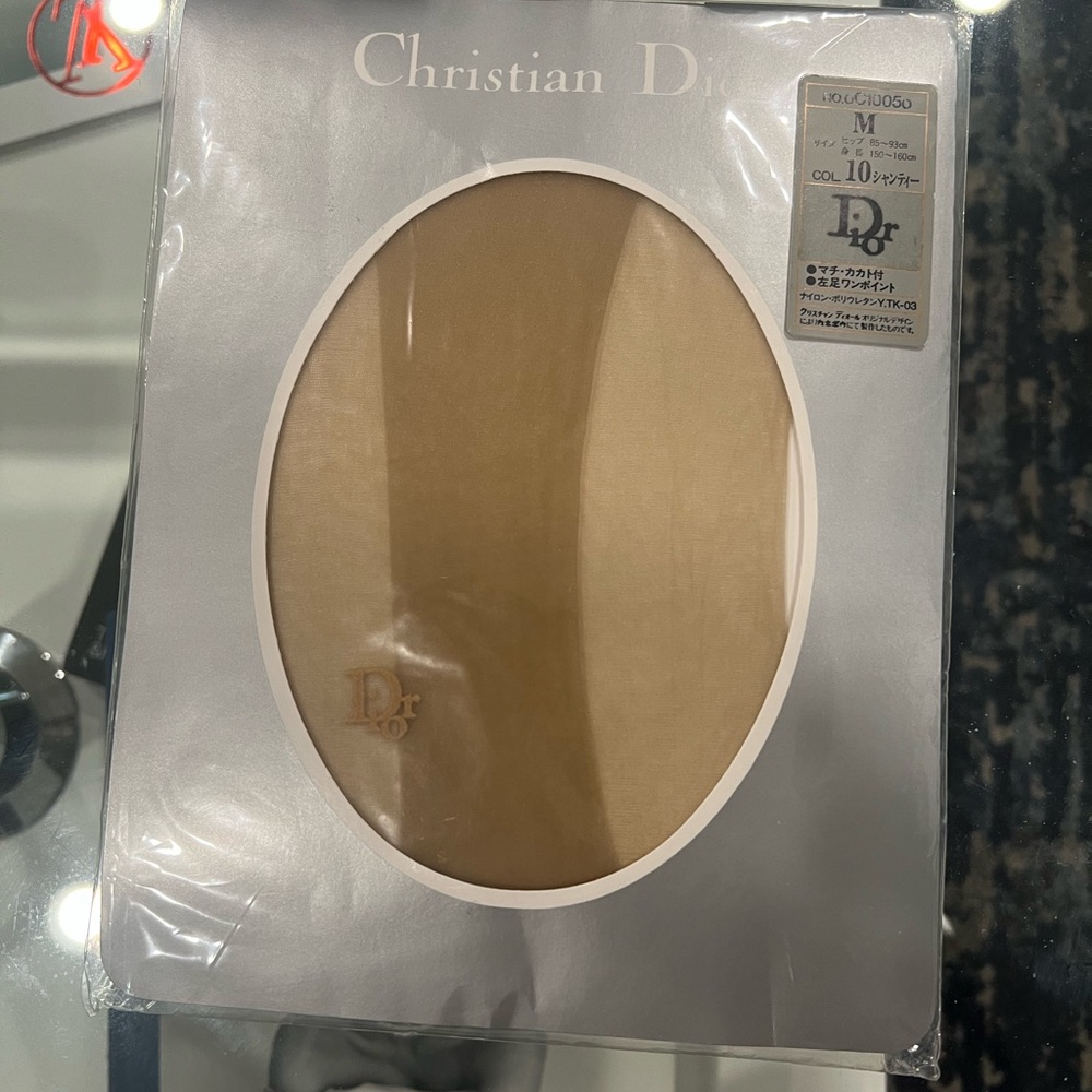 Vintage New Christian Dior Logo Pantyhose Sheer Beige Size M New in pack